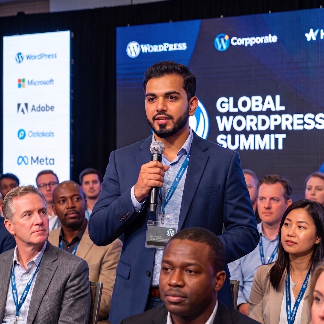 Rahatul Ahsan Rafi speaking at a global WordPress summit