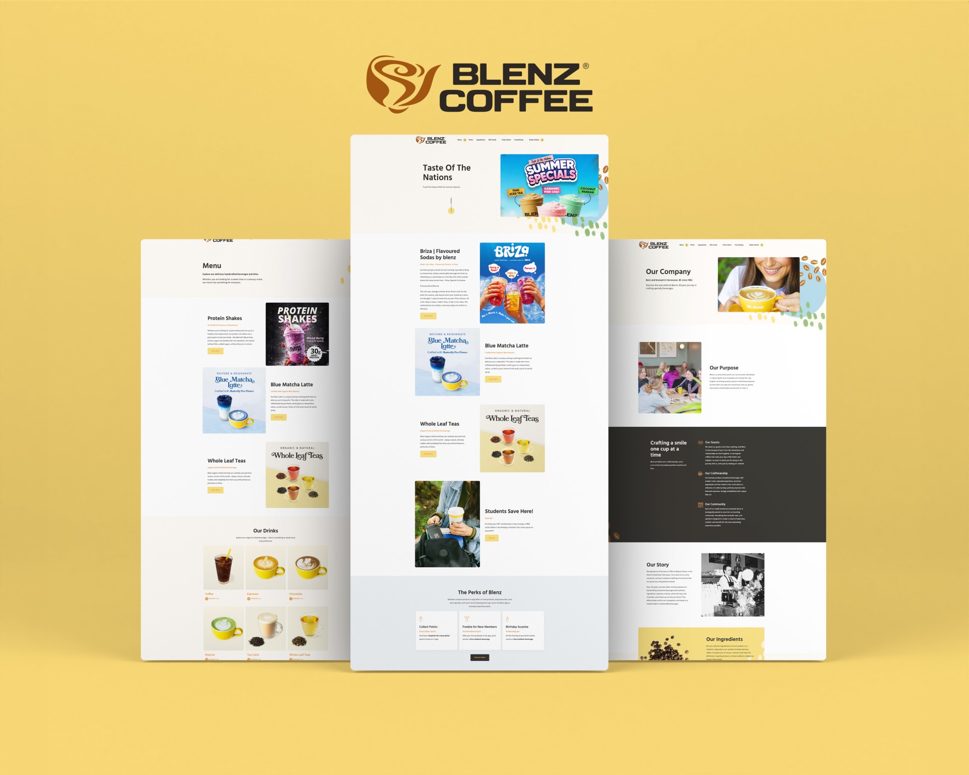 Homepage of the Blenz Coffee WordPress website