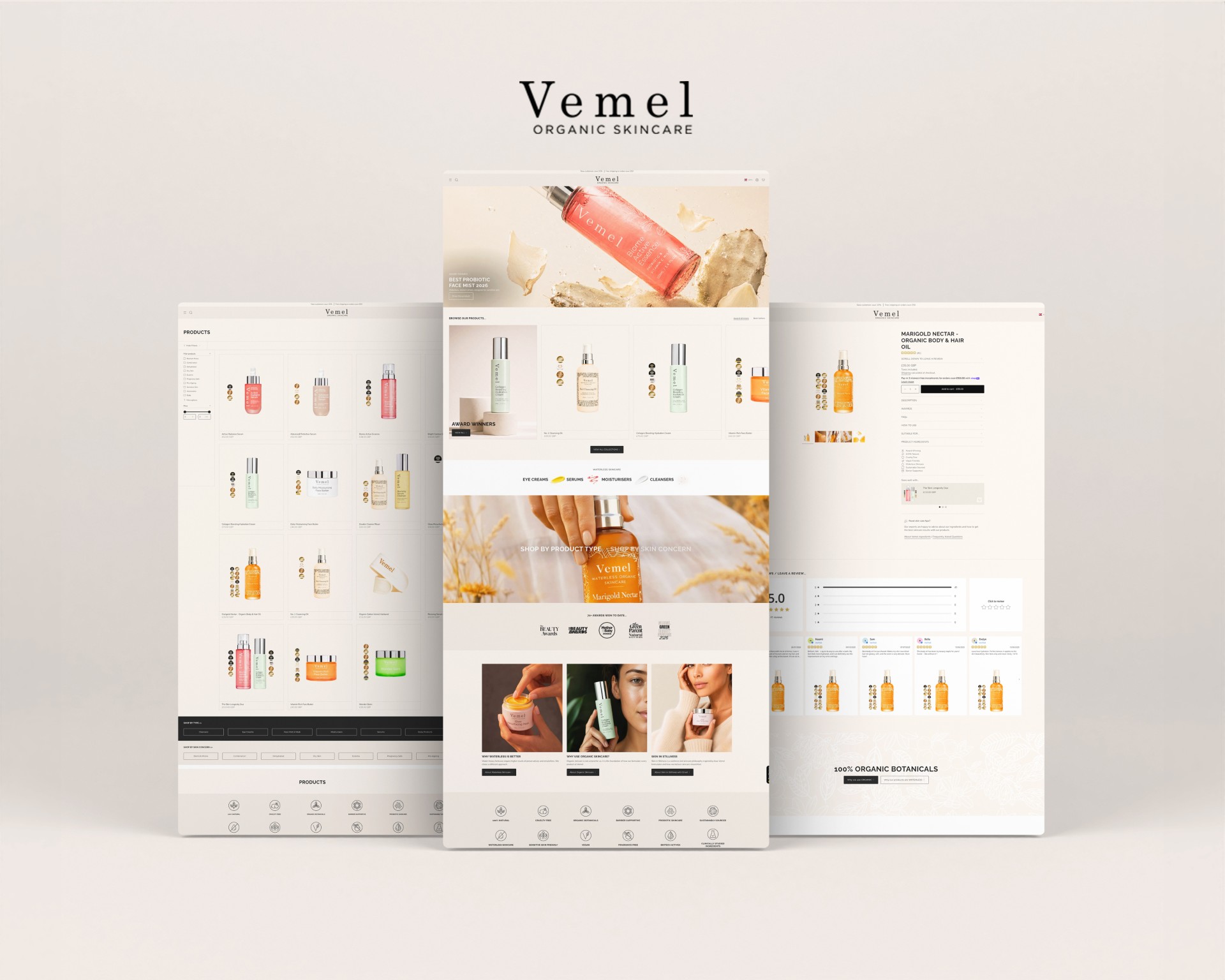 Homepage of the Vemel Organic Skincare WordPress website