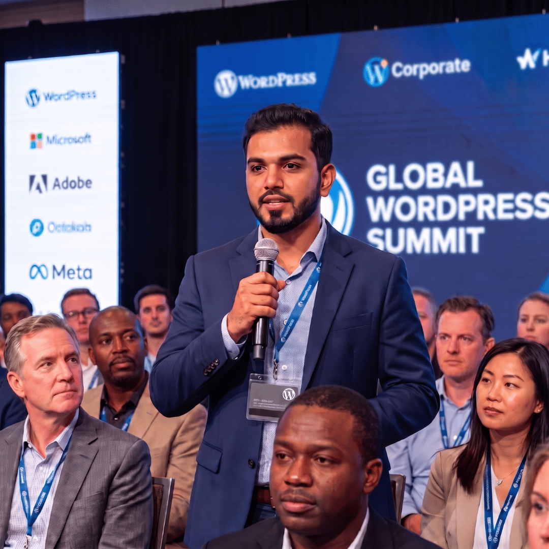 Rahatul Ahsan Rafi, WordPress website developer, speaking on stage at a global WordPress summit